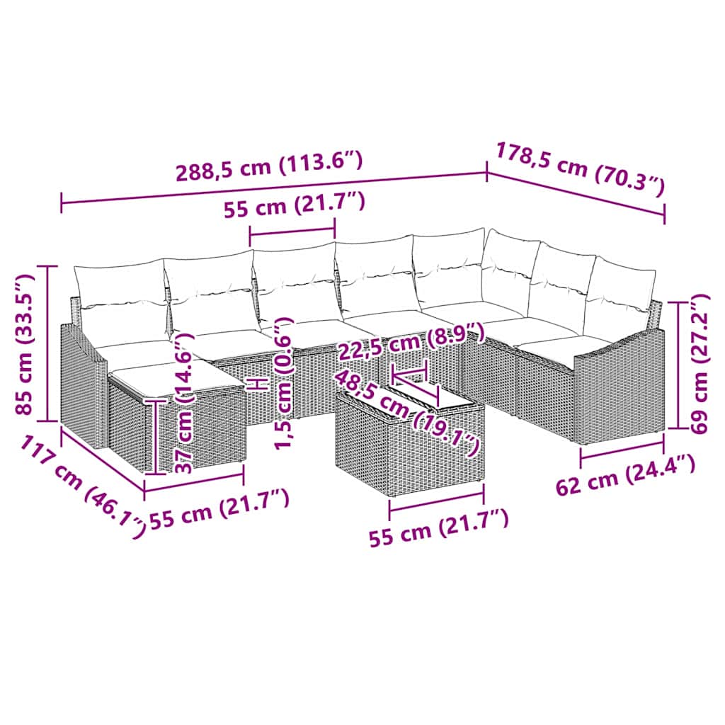 Sofa Set with Cushion 9 pcs Grey Poly Rattan