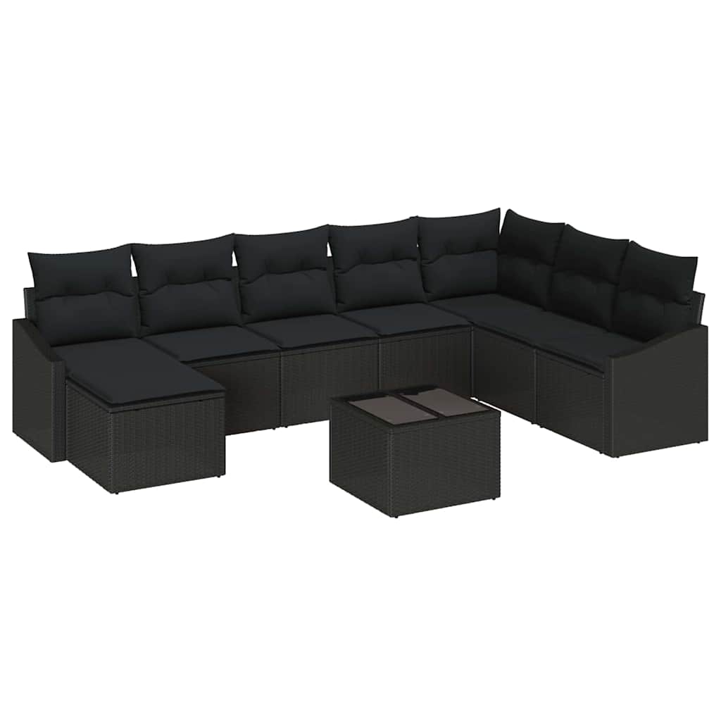 Sofa Set with Cushion 9 pcs Black Poly Rattan