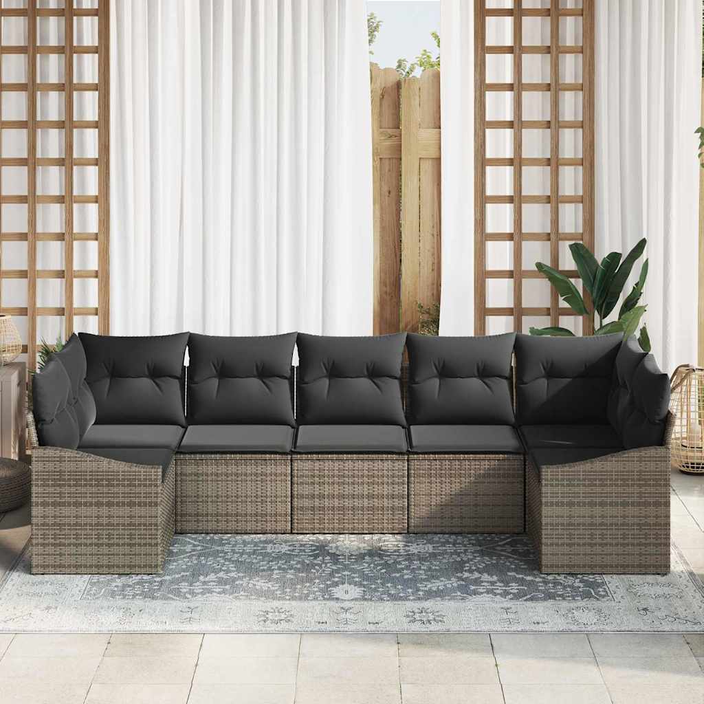 Sofa Set with Cushion 7 pcs Grey Poly Rattan