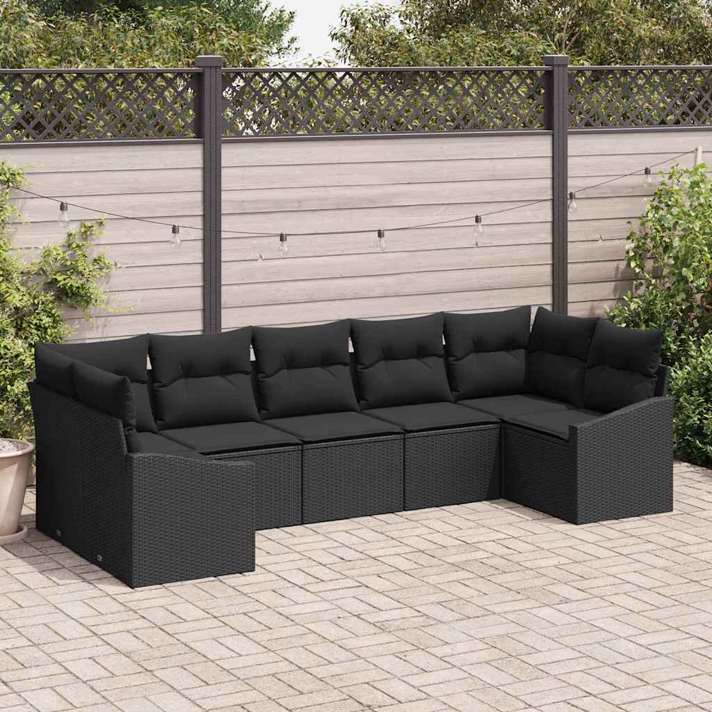 Sofa Set with Cushion 7 pcs Black Poly Rattan