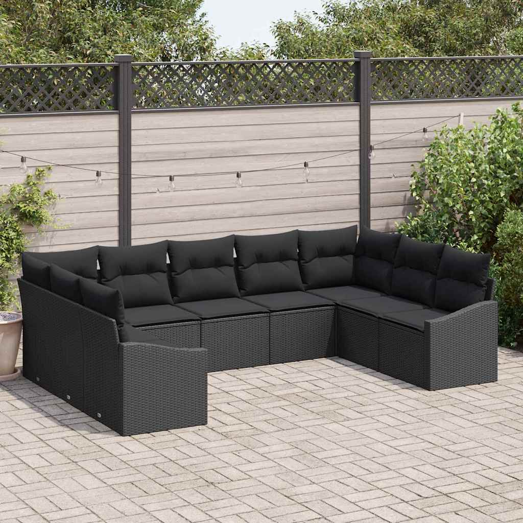 Sofa Set with Cushion 9 pcs Black Poly Rattan