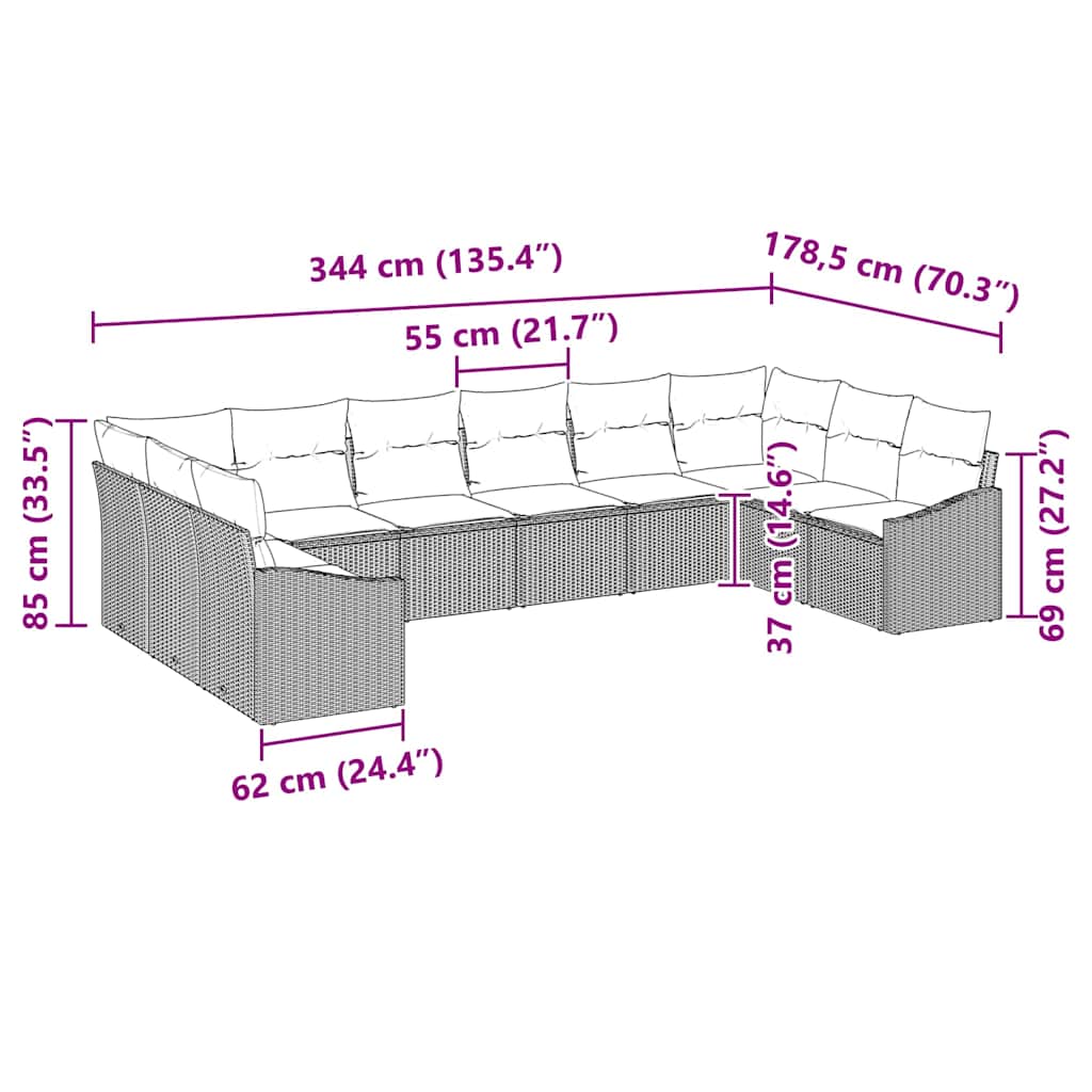 Sofa Set with Cushion 10 pcs Grey Poly Rattan
