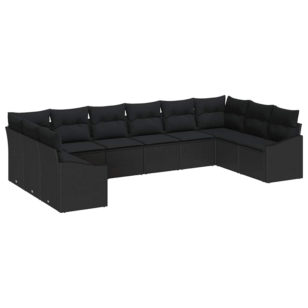 Sofa Set with Cushion 10 pcs Black Poly Rattan