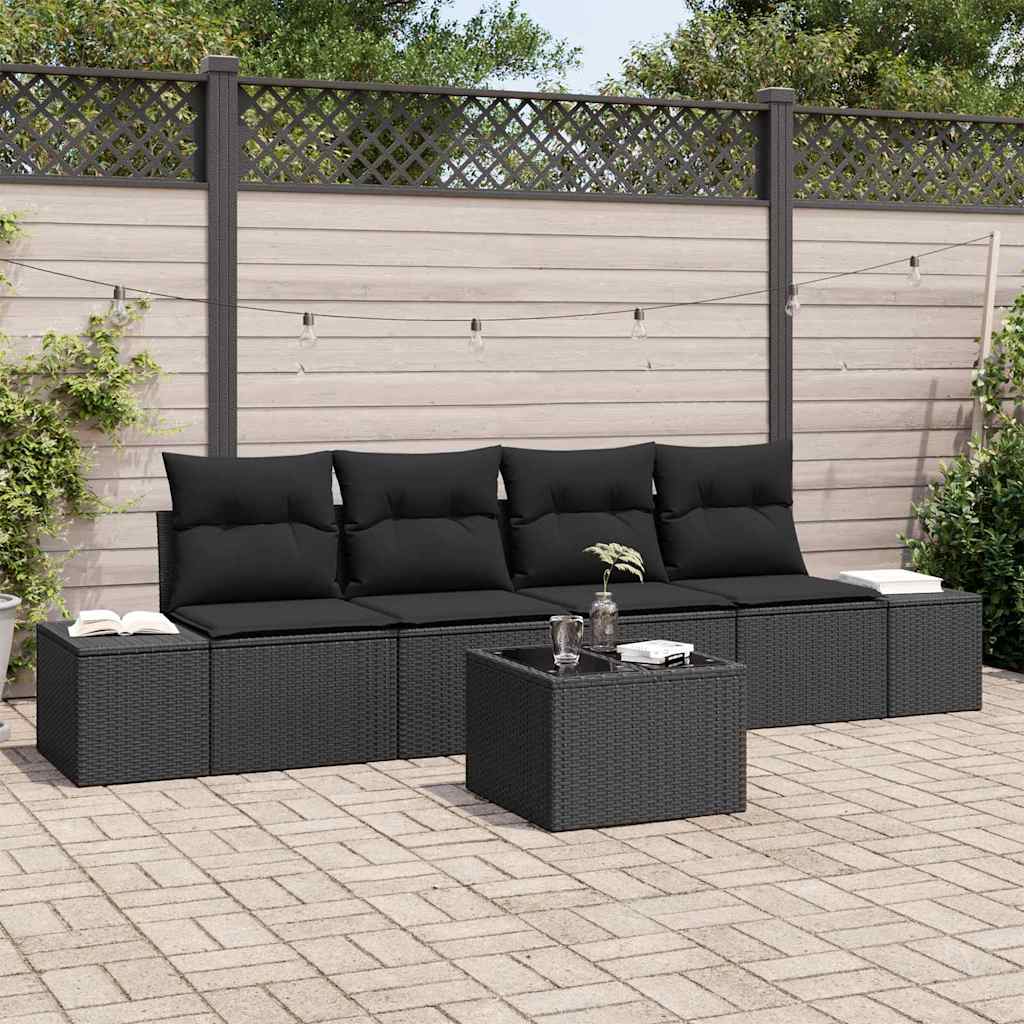 Sofa Set with Cushion Manual 5 pcs Black Poly Rattan