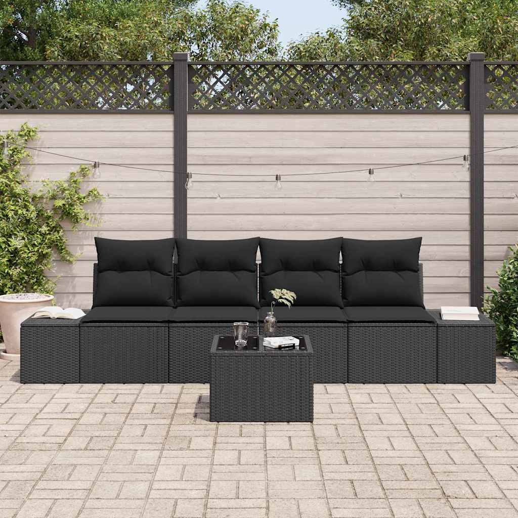 Sofa Set with Cushion Manual 5 pcs Black Poly Rattan