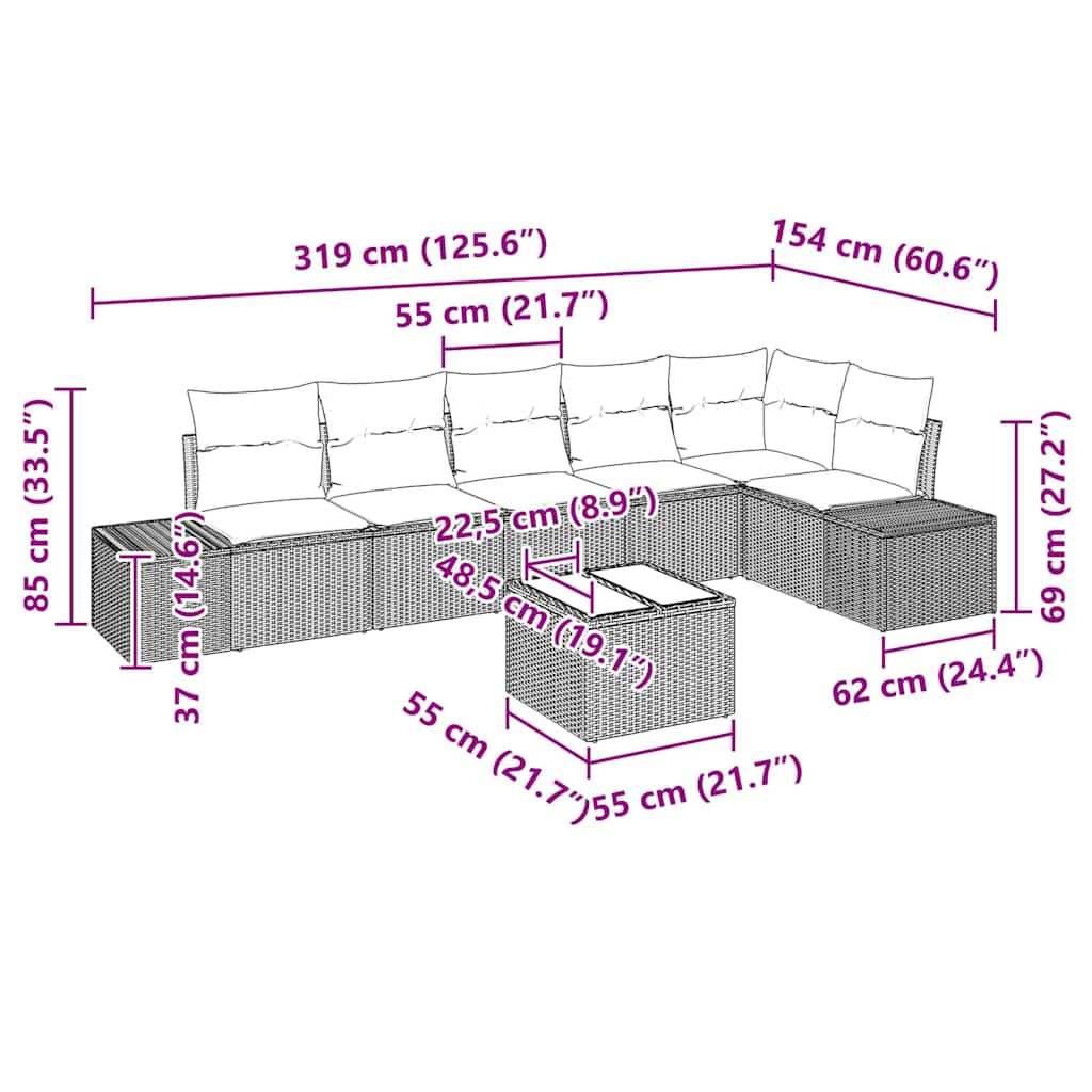 Garden Sofa Set with Cushion 7 pcs Black Poly Rattan