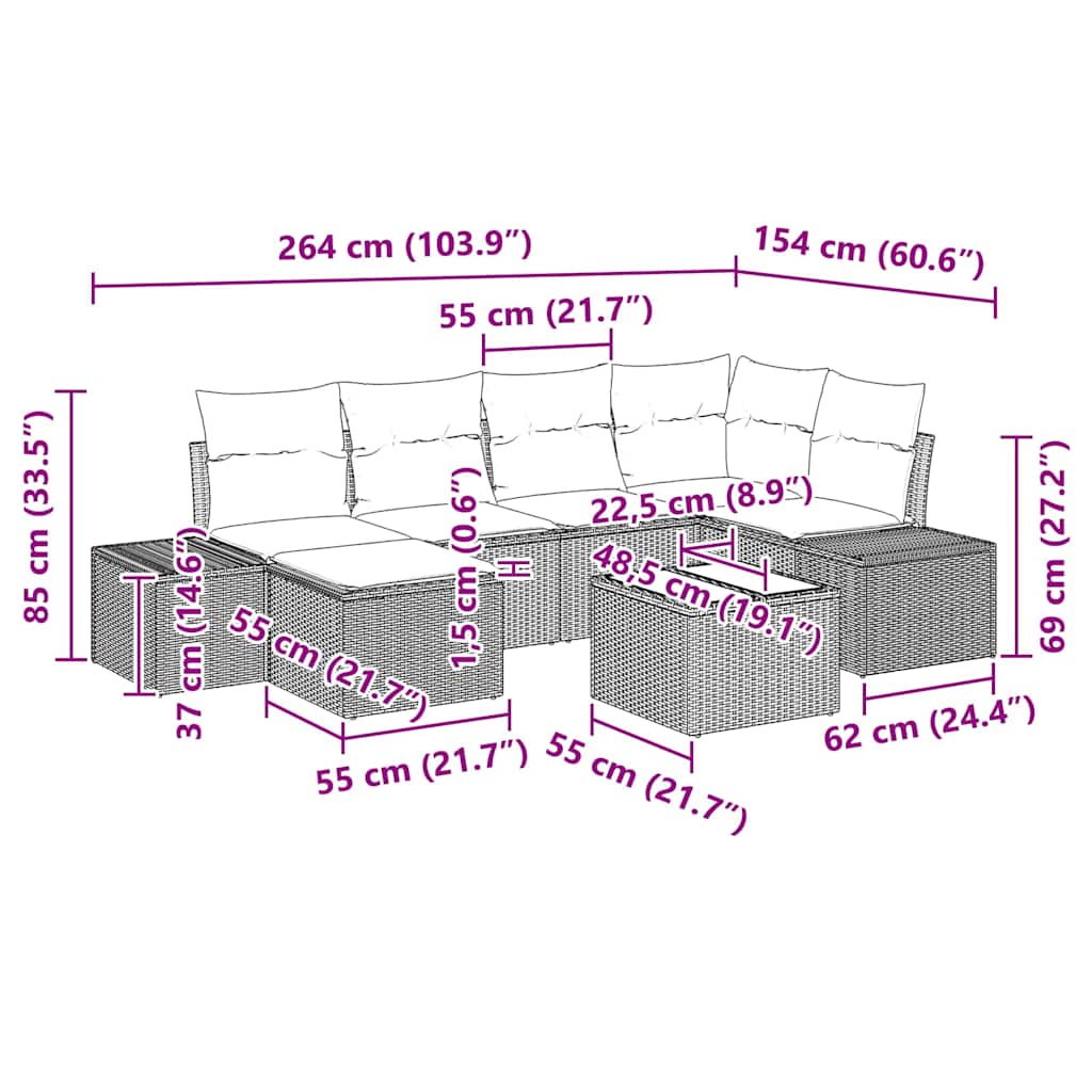 Garden Sofa Set with Cushion 7 pcs Black Poly Rattan