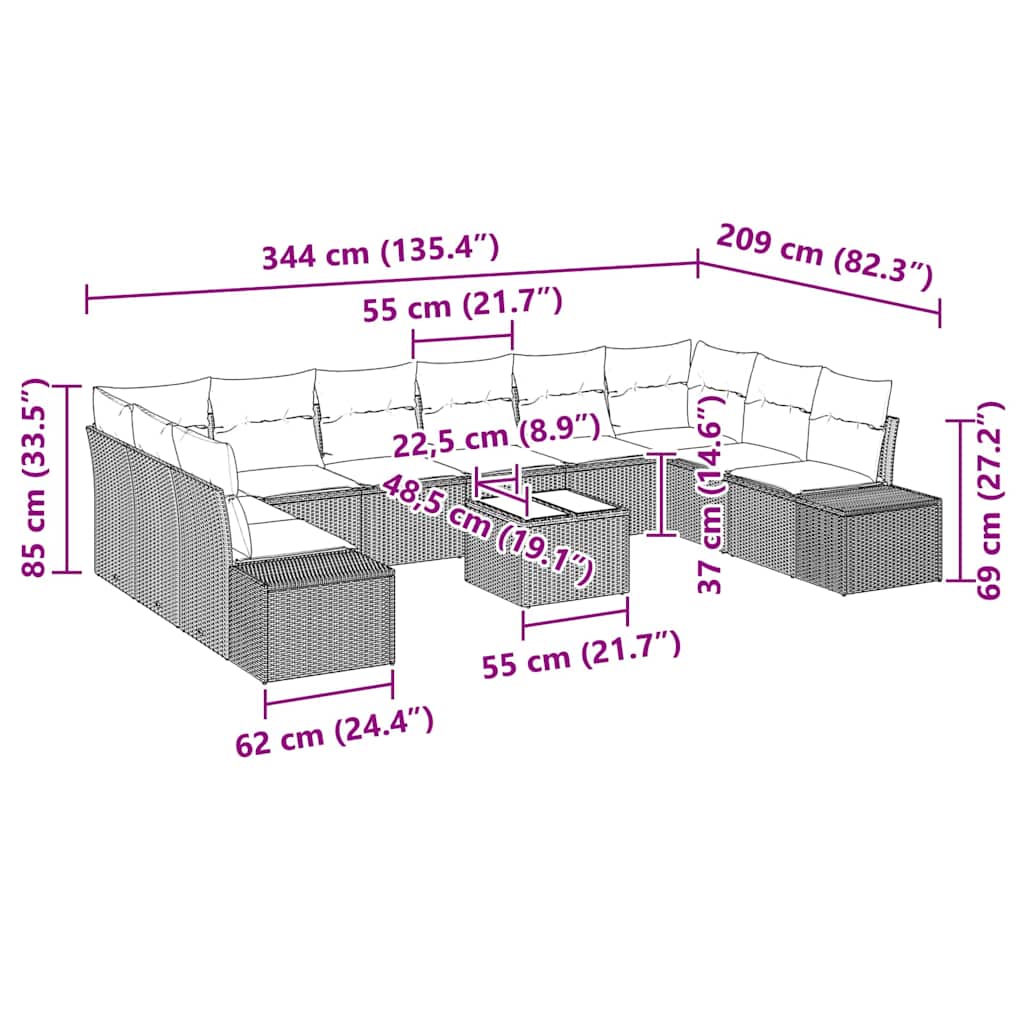 Garden Sofa Set with Cushion 11 pcs Black Poly Rattan