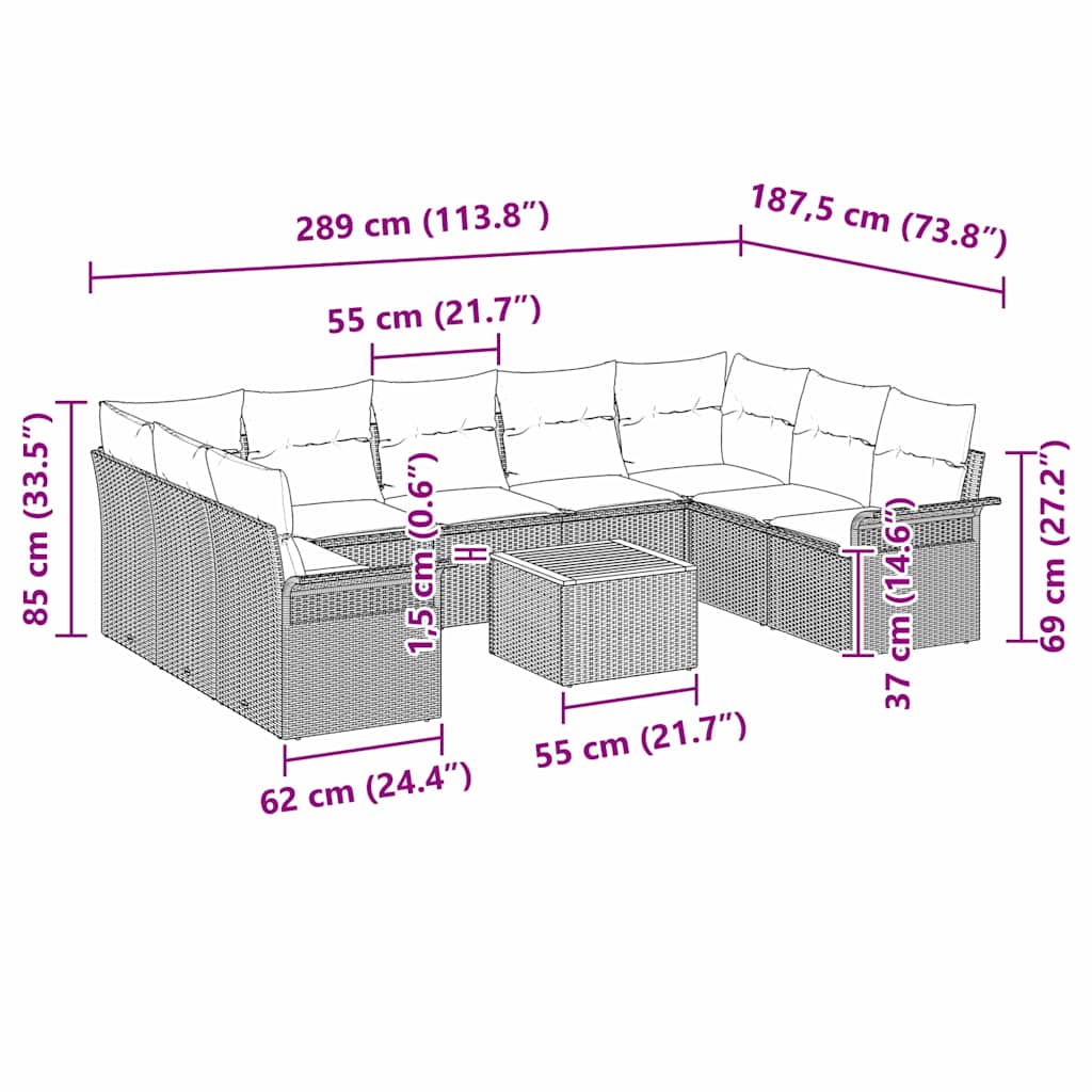 Garden Sofa Set with Cushion 10 pcs Grey Poly Rattan