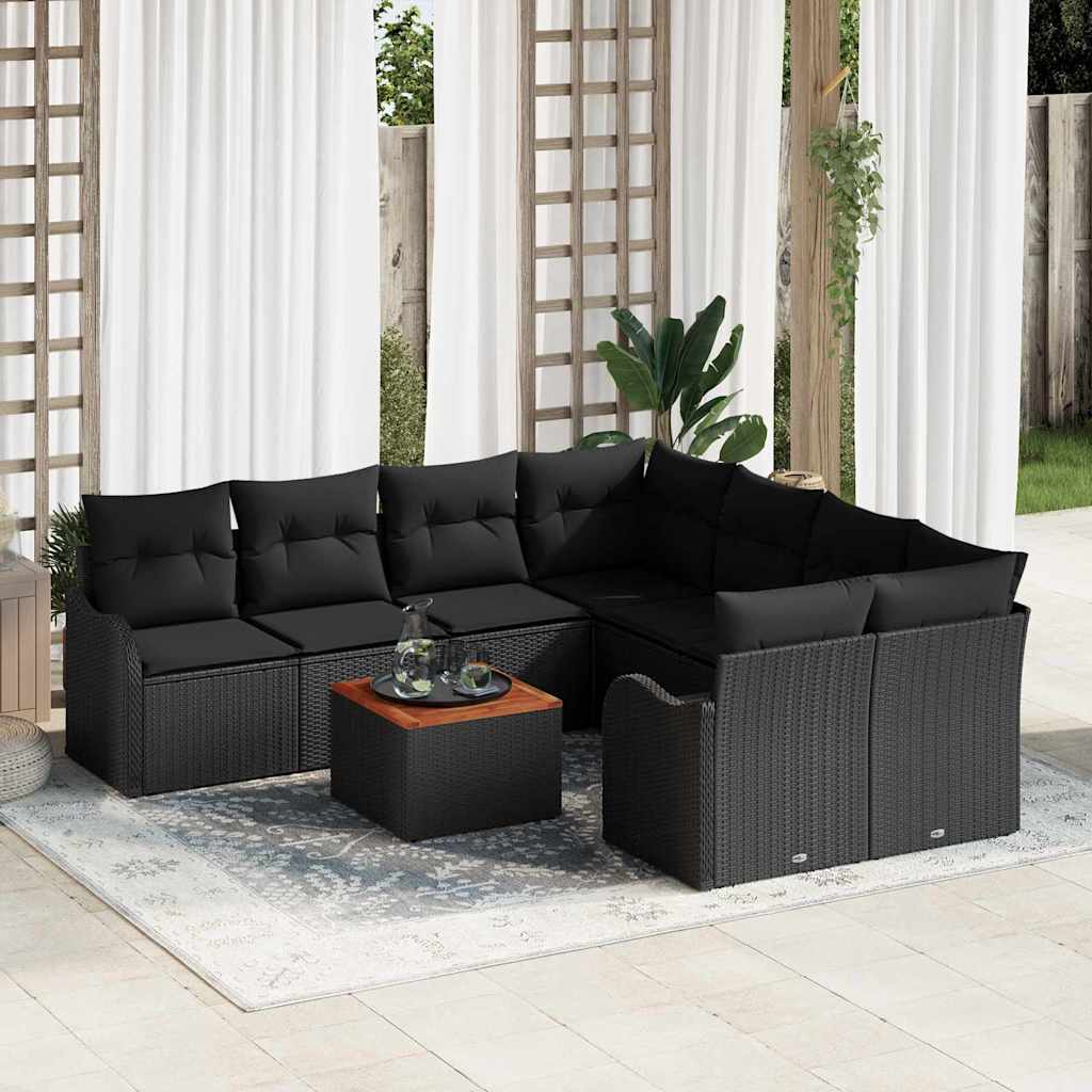 Garden Sofa Set with Cushion 9 pcs Black Poly Rattan