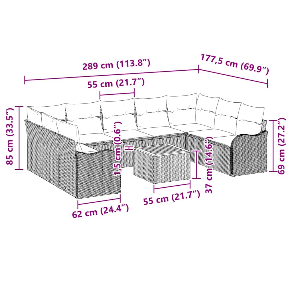 Garden Sofa Set with Cushion 10 pcs Grey Poly Rattan