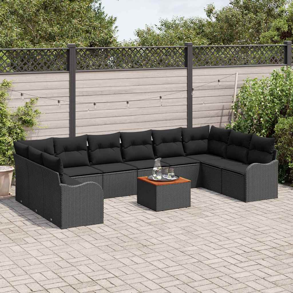 Garden Sofa Set with Cushion 11 pcs Black Poly Rattan