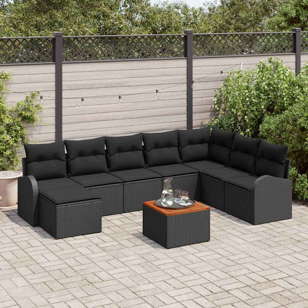 Garden Sofa Set with Cushion 9 pcs Black Poly Rattan