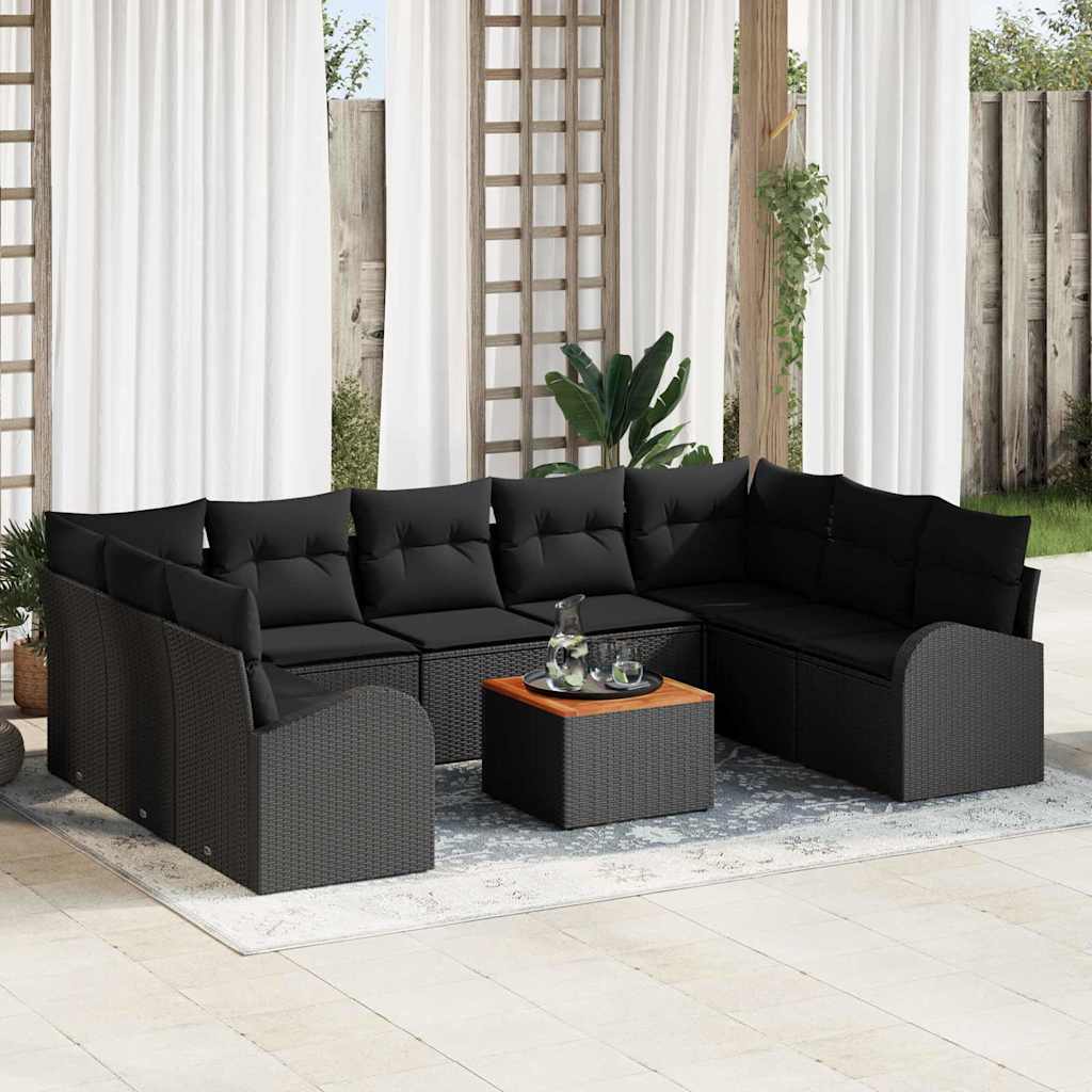 Garden Sofa Set with Cushion 10 pcs Black Poly Rattan