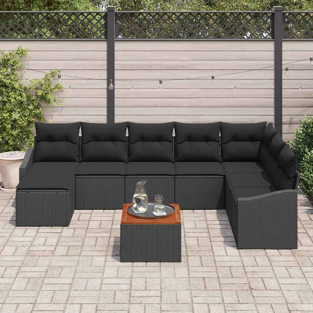 Garden Sofa Set with Cushion 9 pcs Black Poly Rattan