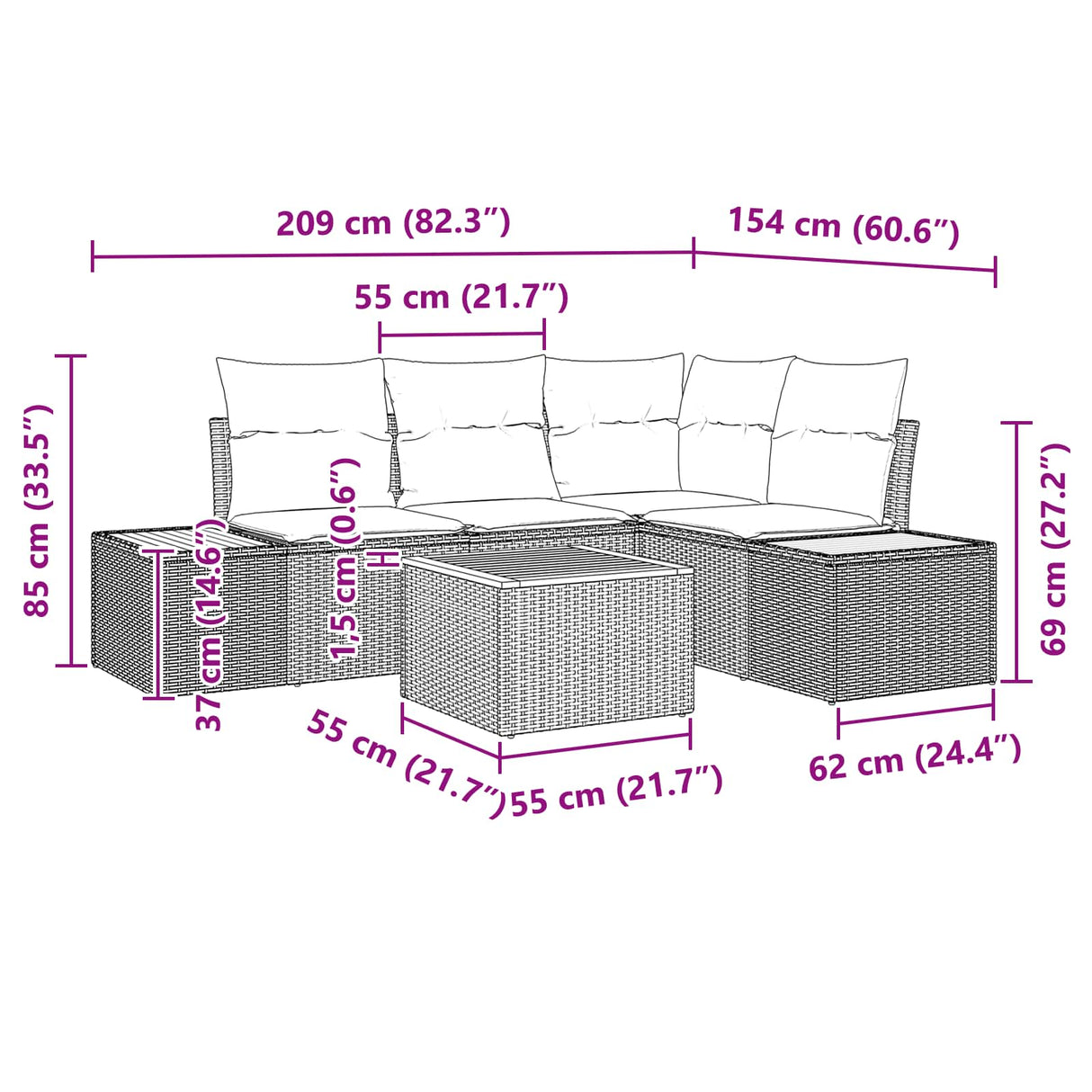 Garden Sofa Set with Cushion 5 pcs Black Poly Rattan