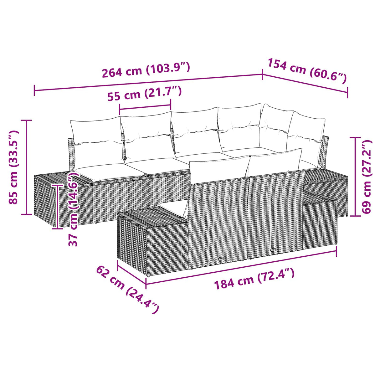 Garden Sofa Set with Cushion 7 pcs Black Poly Rattan