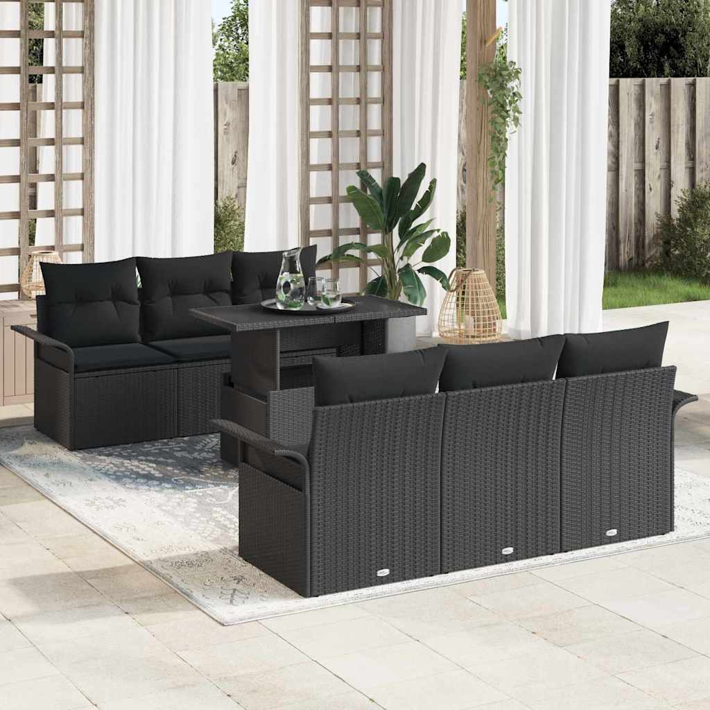 Garden Sofa Set with Cushion 7 pcs Black Poly Rattan