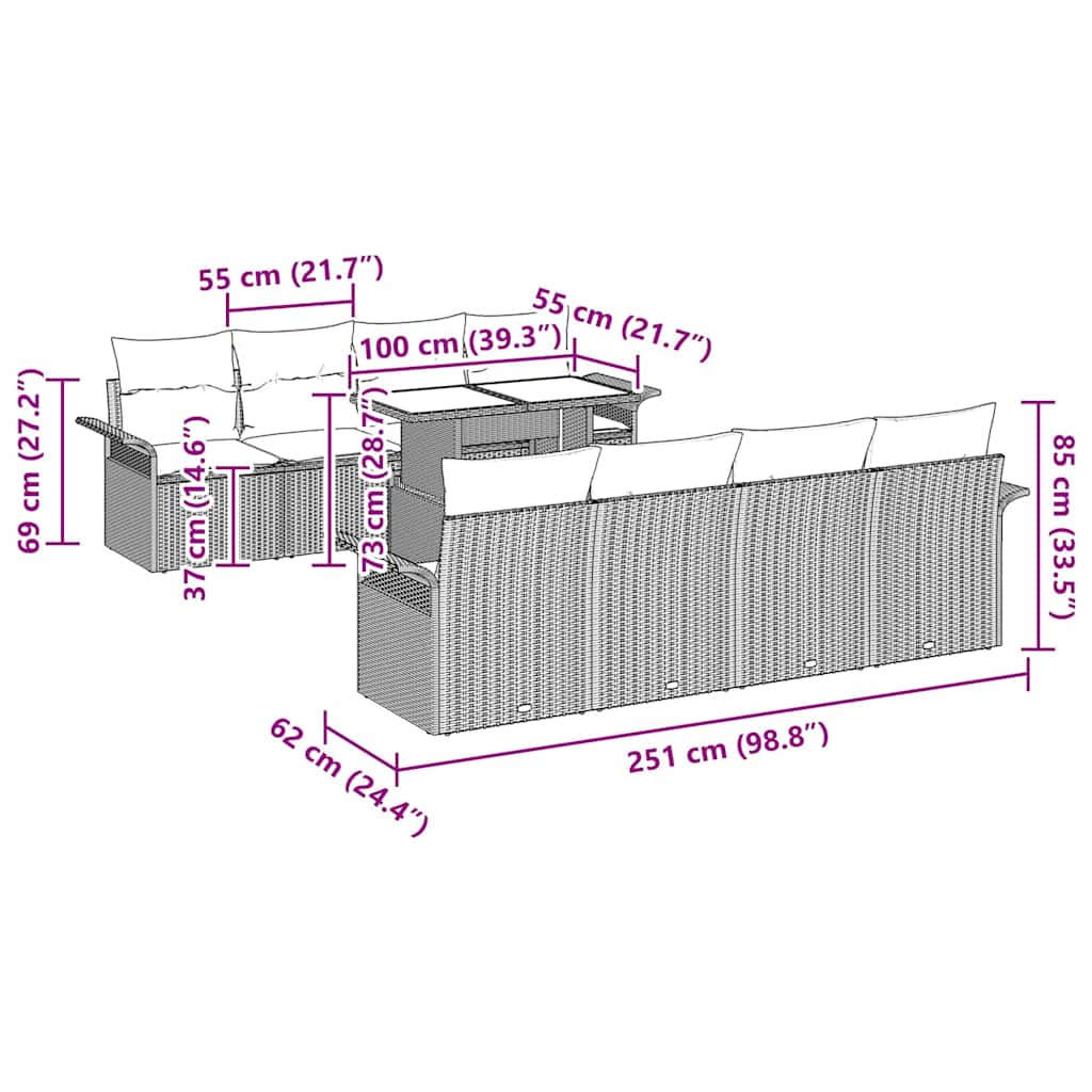Garden Sofa Set with Cushion 9 pcs Grey Poly Rattan