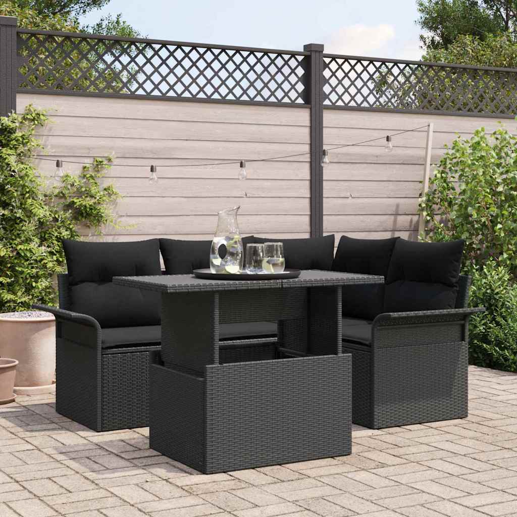 Garden Sofa Set with Cushion 5 pcs Black Poly rattan