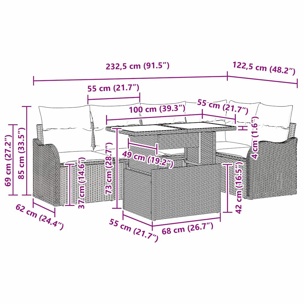 Dining Set with Cushion 6 pcs Grey Poly rattan