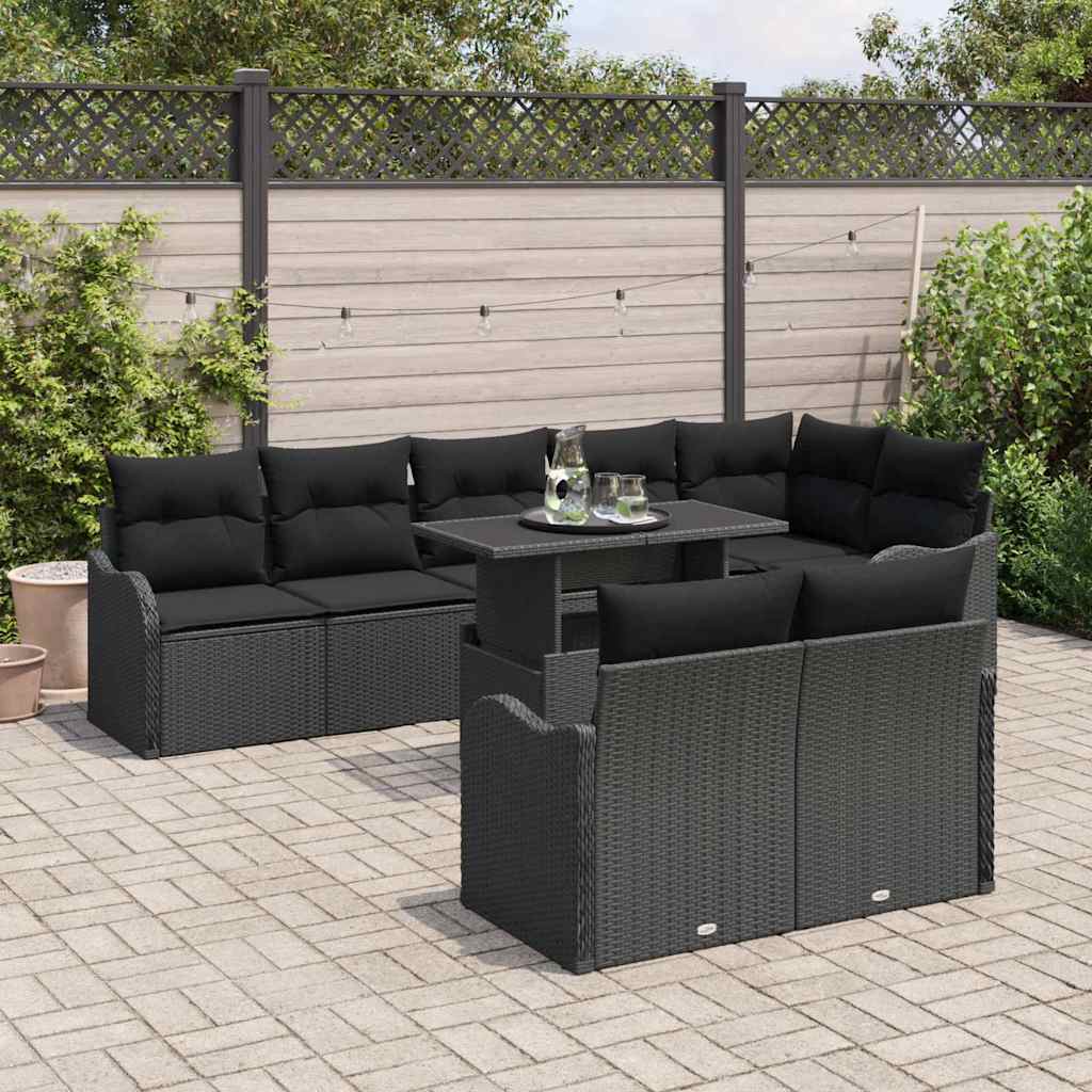 Lounge Set with Cushion 9 pcs Black Poly rattan