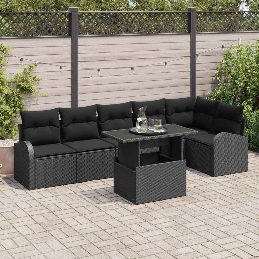 Garden Sofa Set with Storage 7 pcs Black Poly Rattan