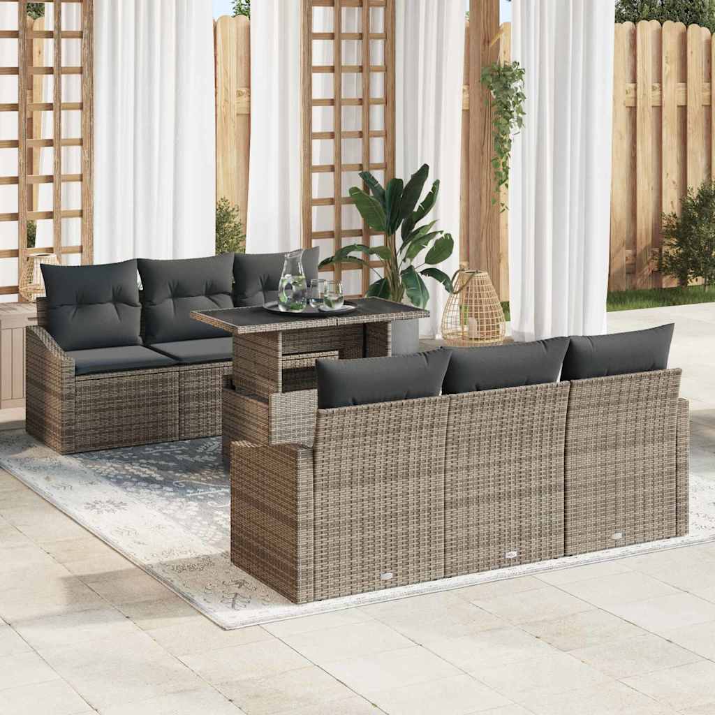 Garden Sofa Set with Storage with Pillow 7 pcs Grey Poly Rattan