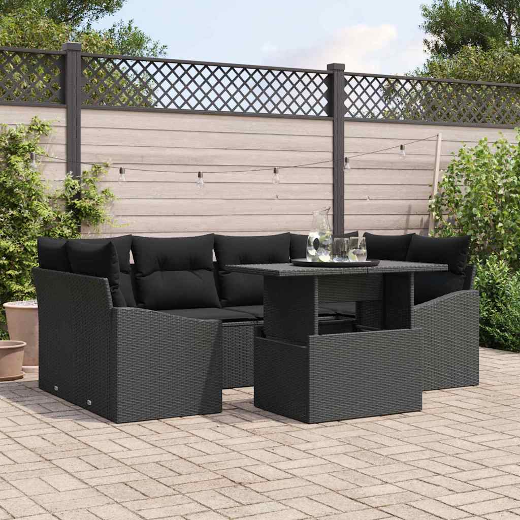 Garden Sofa Set with Cushion 7 pcs Black Poly Rattan