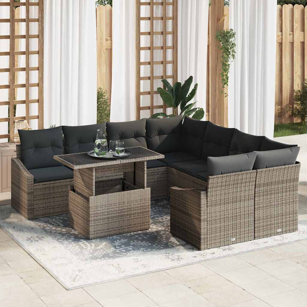 Garden Sofa Set with Cushion 9 pcs Grey Poly Rattan