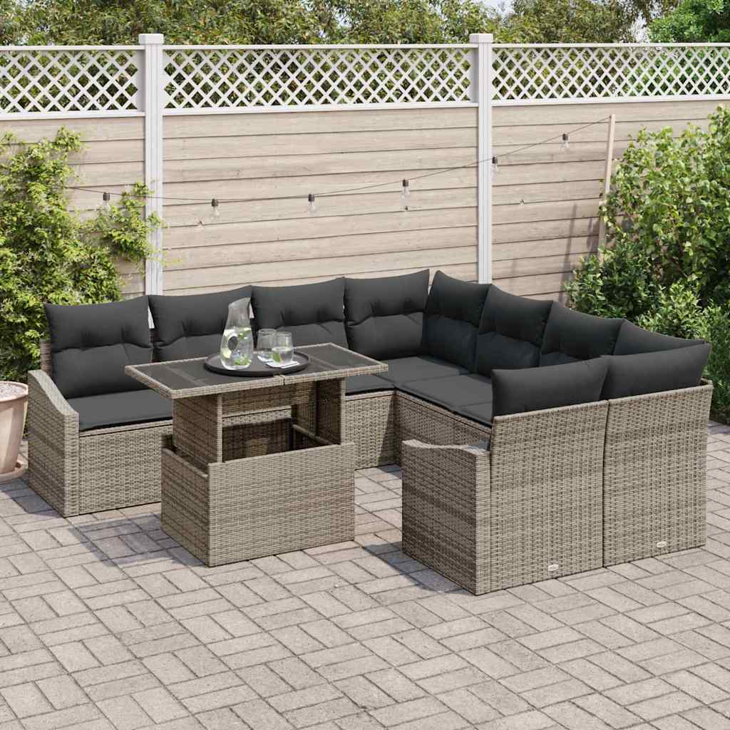 Garden Sofa Set with Cushion 9 pcs Grey Poly Rattan