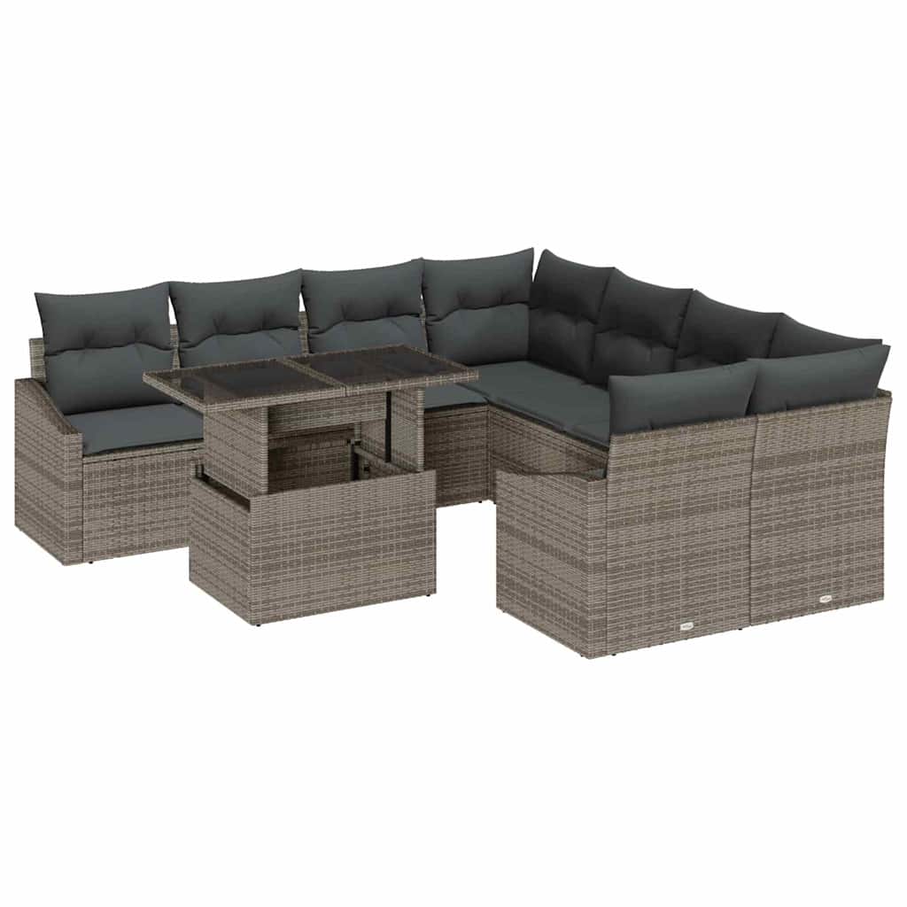 Garden Sofa Set with Cushion 9 pcs Grey Poly Rattan