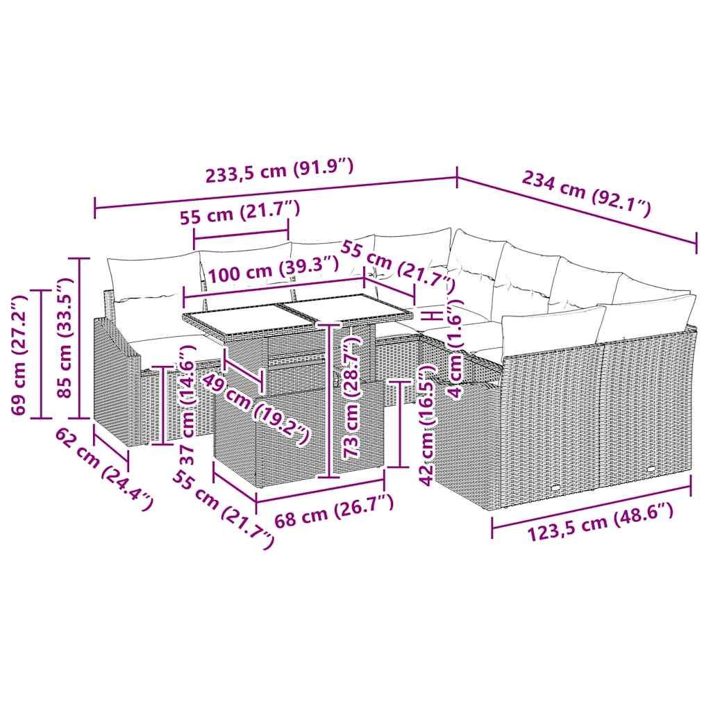 Garden Sofa Set with Cushion 9 pcs Grey Poly Rattan