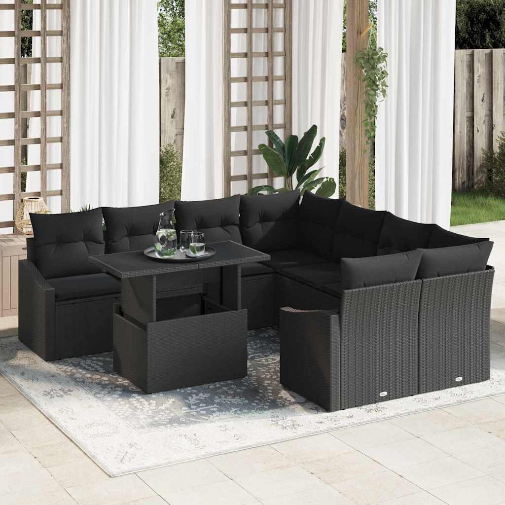 Garden Sofa Set with Cushion 9 pcs Black Poly Rattan