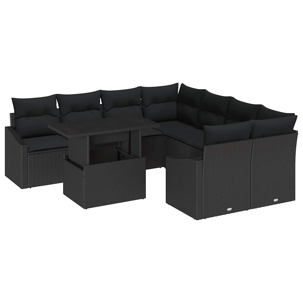 Garden Sofa Set with Cushion 9 pcs Black Poly Rattan