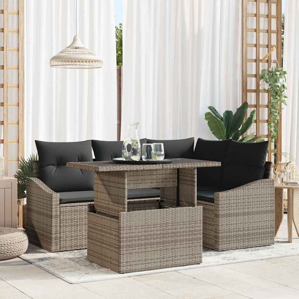 Garden Sofa Set with Cushion 5 pcs Grey Poly Rattan