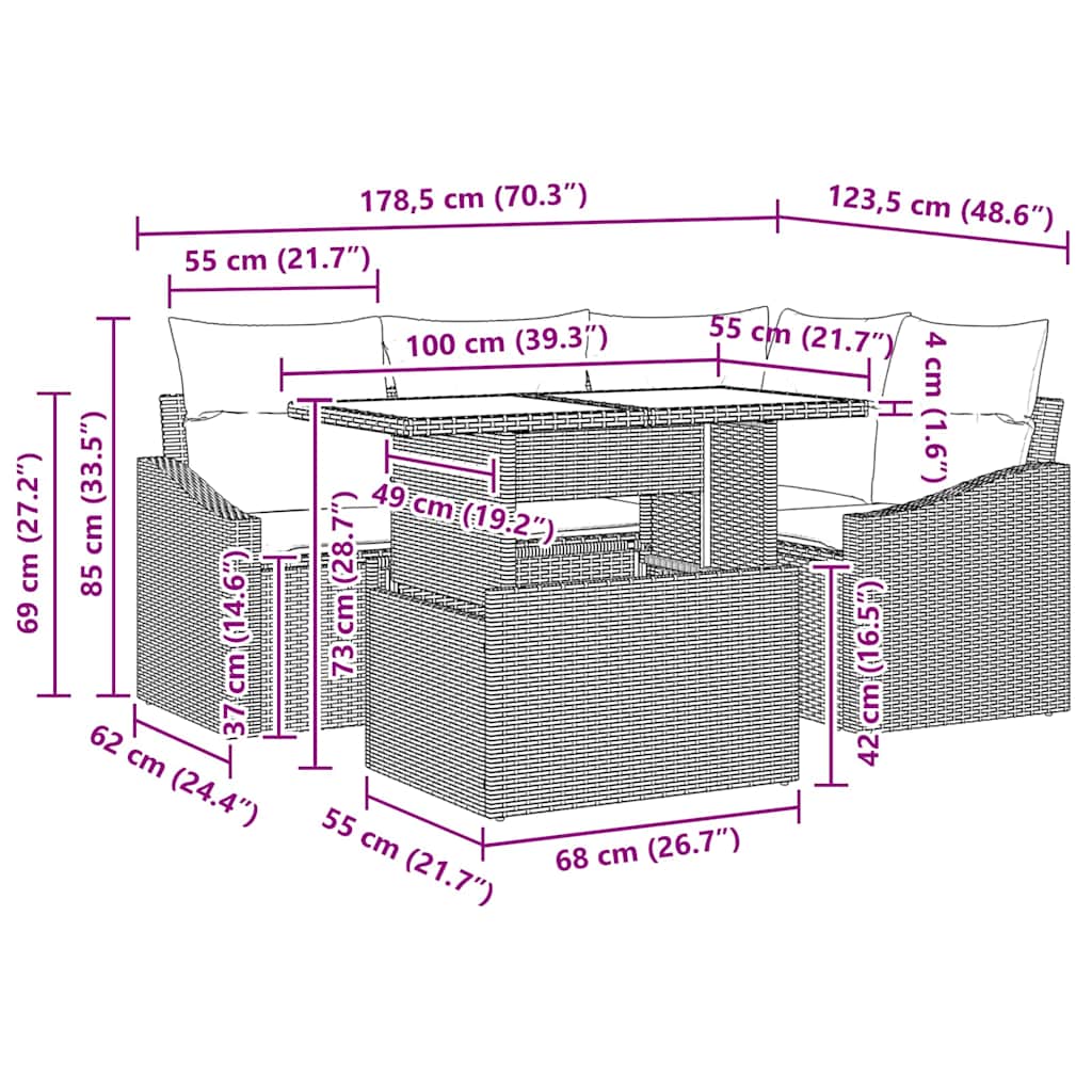 Garden Sofa Set with Cushion 5 pcs Grey Poly Rattan