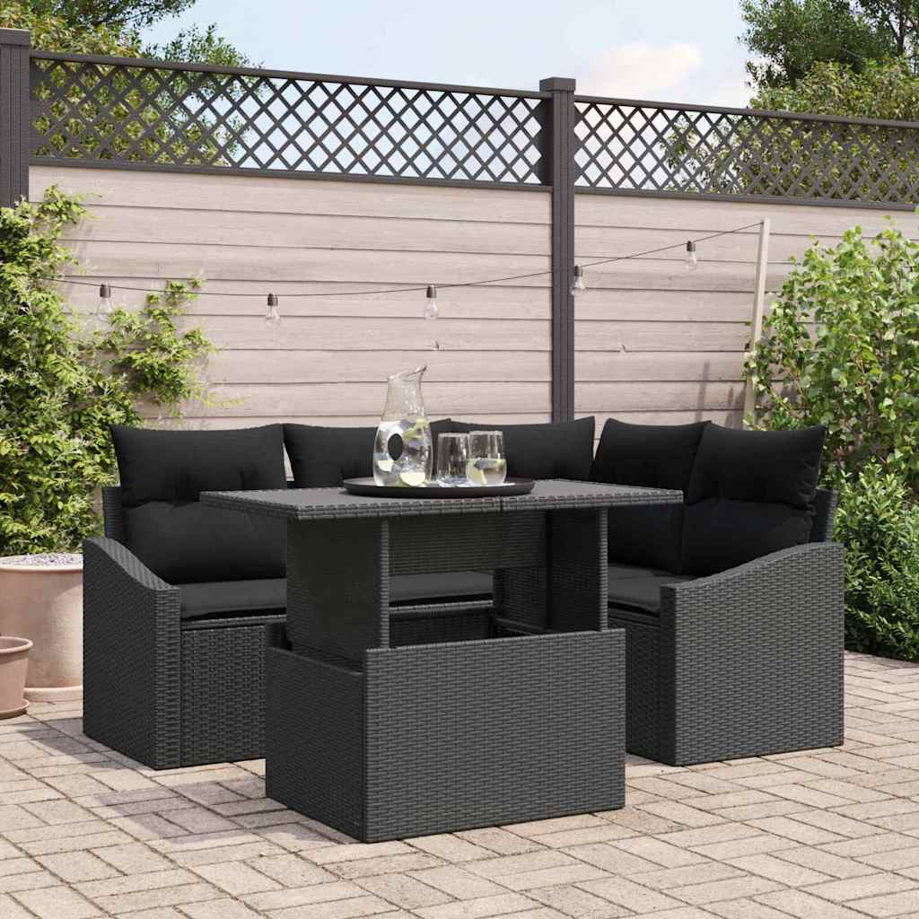 Garden Sofa Set with Cushion 5 pcs Black Poly Rattan