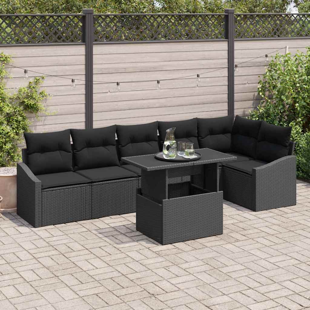 Garden Sofa Set with Cushion 7 pcs Black Poly Rattan