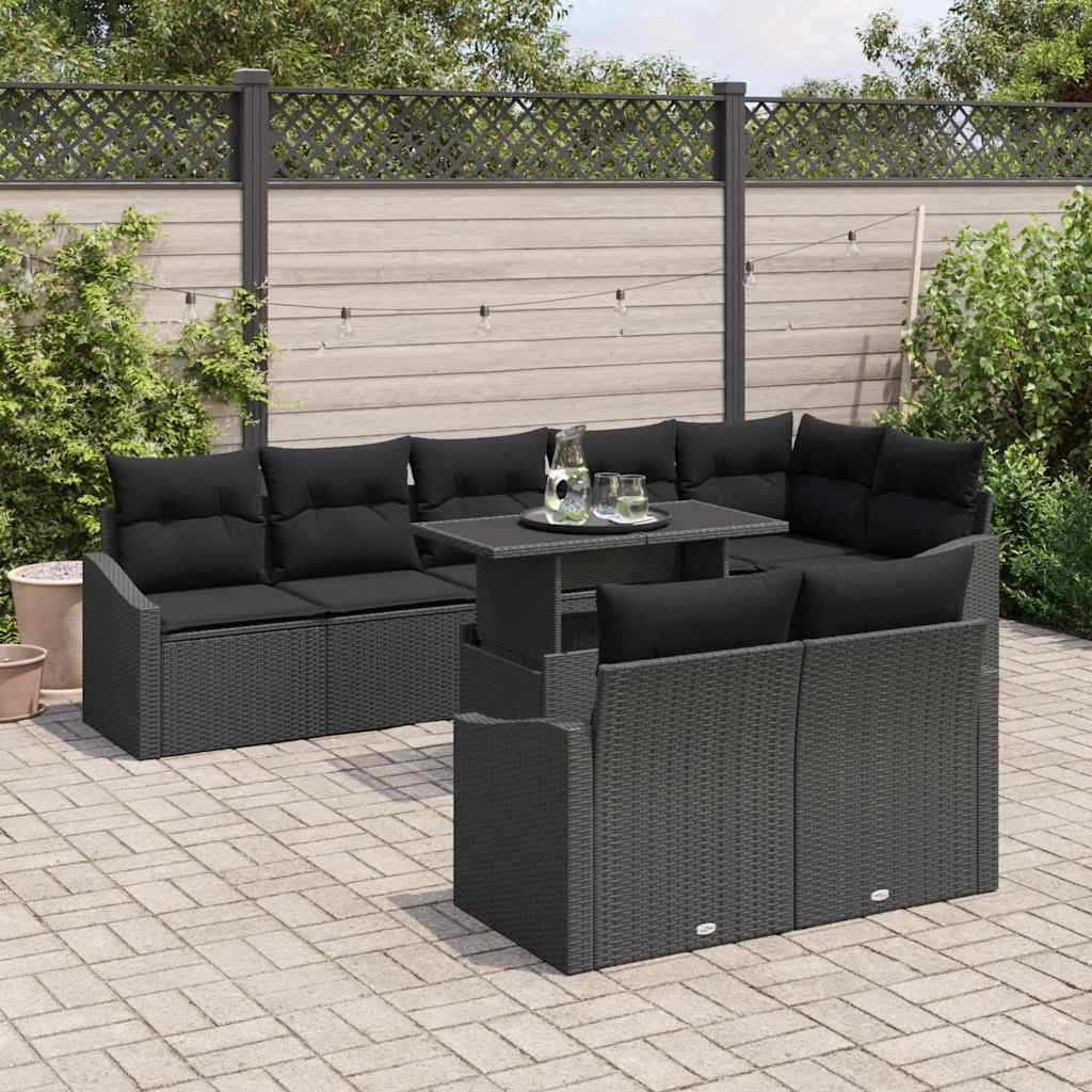 Garden Sofa Set with Cushion 9 pcs Black Poly Rattan