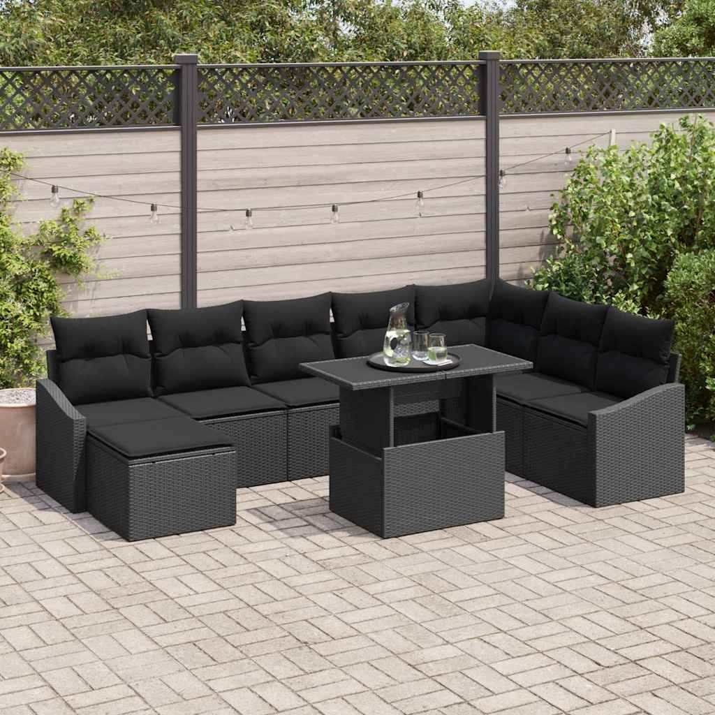 Garden Sofa Set 9 pcs Black Poly rattan and powder-coated steel
