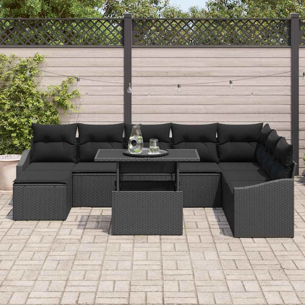 Garden Sofa Set 9 pcs Black Poly rattan and powder-coated steel