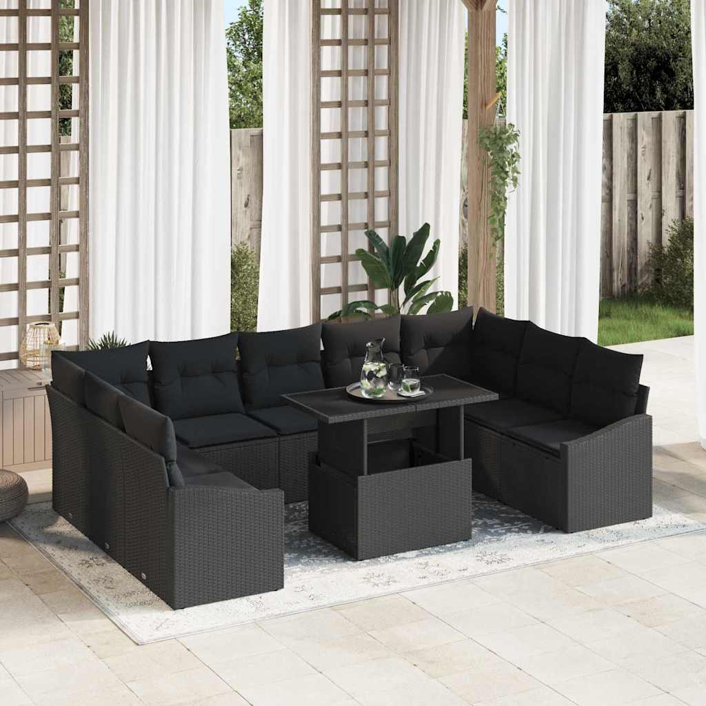 Sofa Set with Cushion Manual 10 pcs Black Poly Rattan