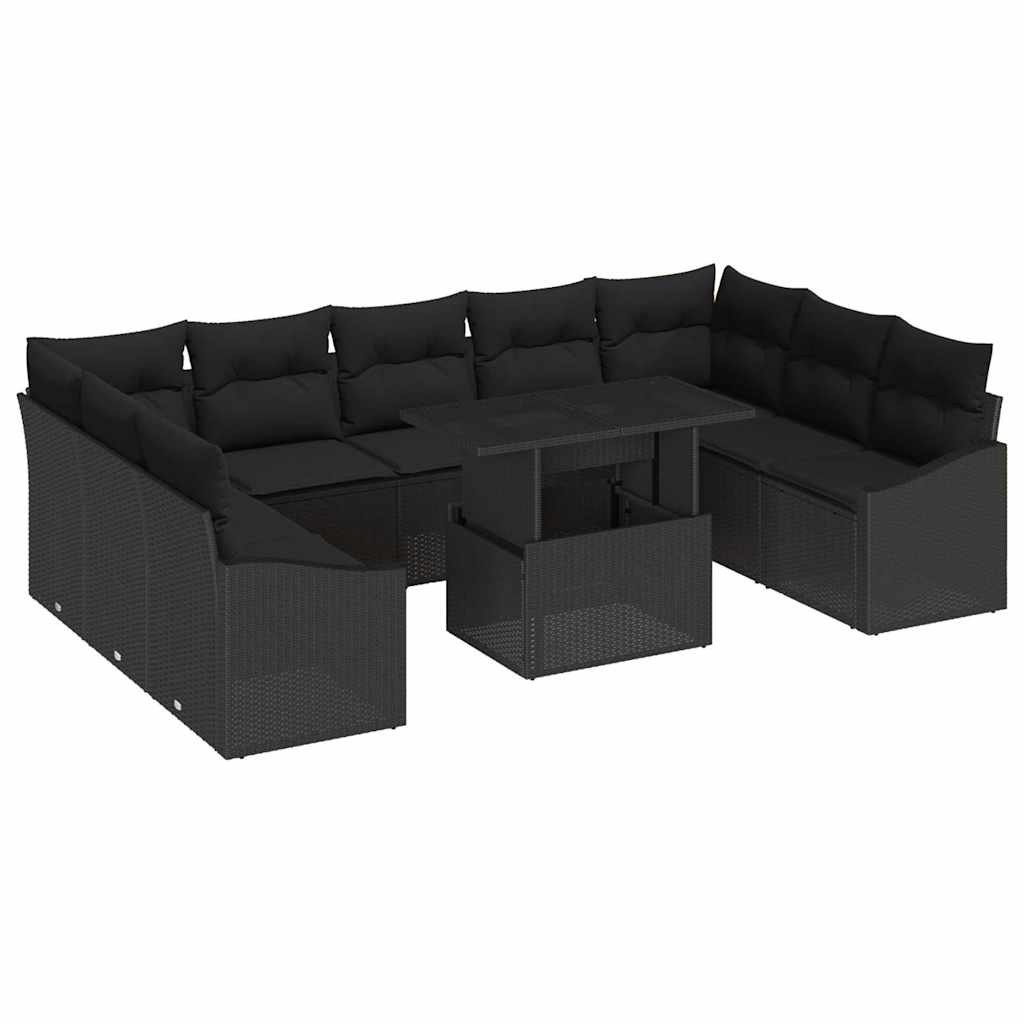 Sofa Set with Cushion Manual 10 pcs Black Poly Rattan