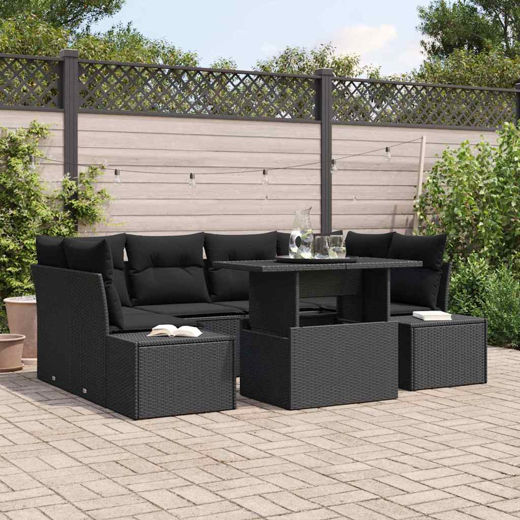 Sofa Set with Cushion Height Adjustable 7 pcs Black Poly Rattan