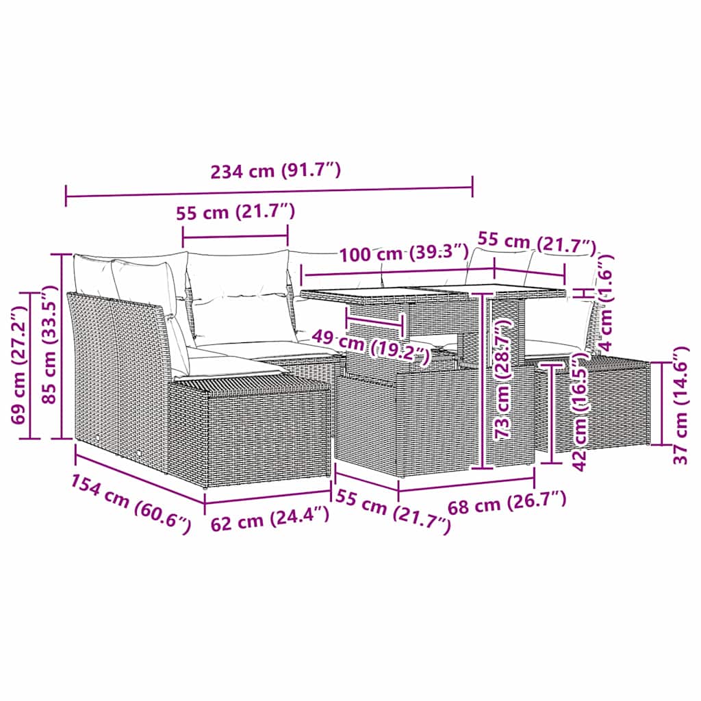 Sofa Set with Cushion Height Adjustable 7 pcs Black Poly Rattan