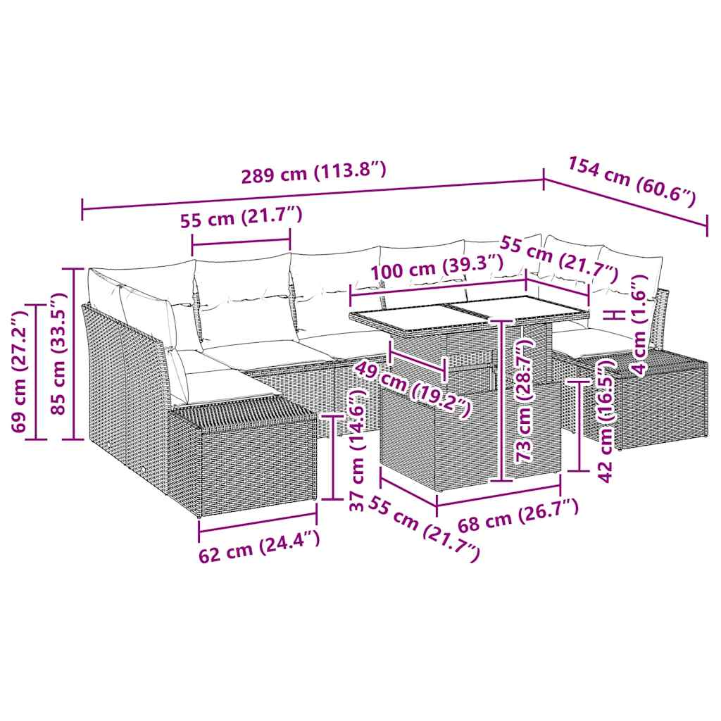 Sofa Set with Cushion Height Adjustable 8 pcs Black Poly Rattan