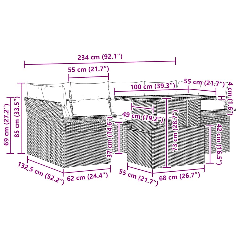 Garden Sofa Set with Cushion Height Adjustable 7 pcs Grey