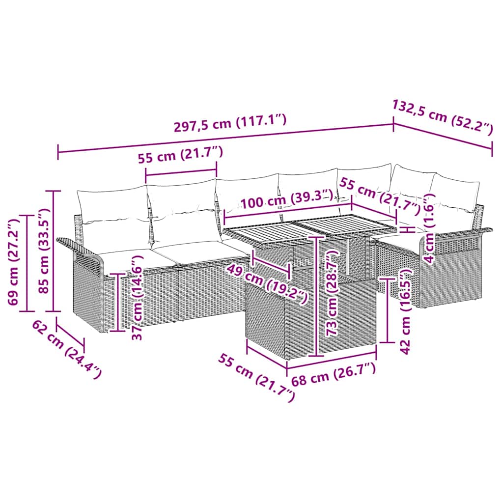 Garden Sofa Set with Cushion 7 pcs Grey Poly Rattan
