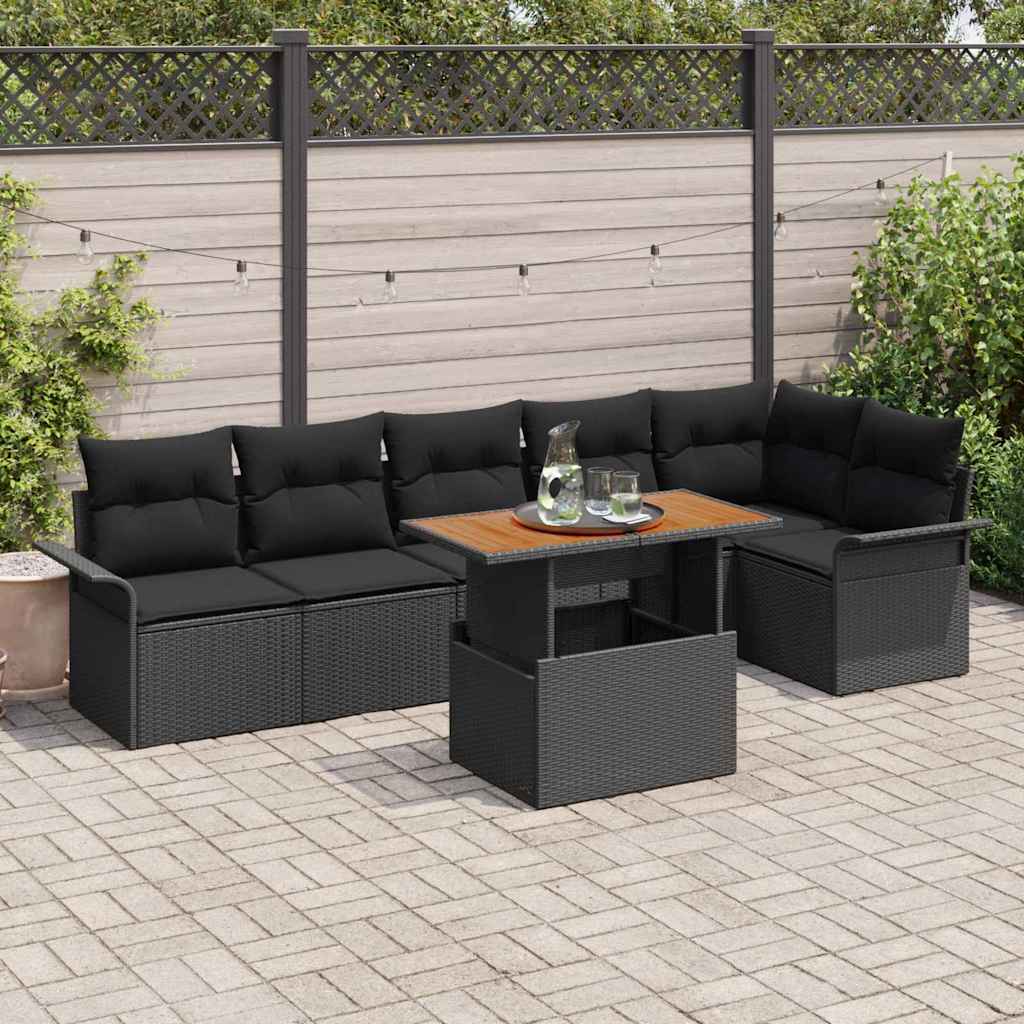 Garden Sofa Set with Cushion 7 pcs Black Poly Rattan